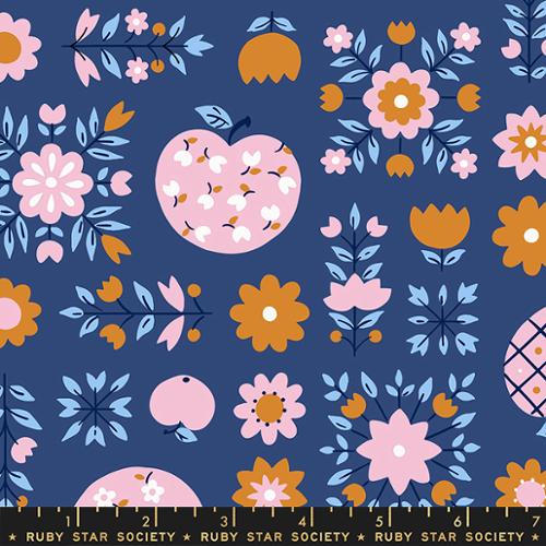 Moda - Lil Calico Apples Bluebell