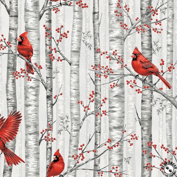 Hoffman Berries and Birch Cardinals and Birch - Fog/Silver