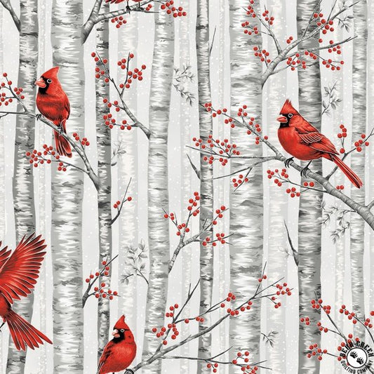 Hoffman Berries and Birch Cardinals and Birch - Fog/Silver