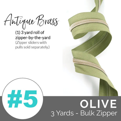 Emmaline Zippers-by-the-Yard - *SIZE#5* Olive (DOES NOT INCLUDE SLIDERS/PULLS)
