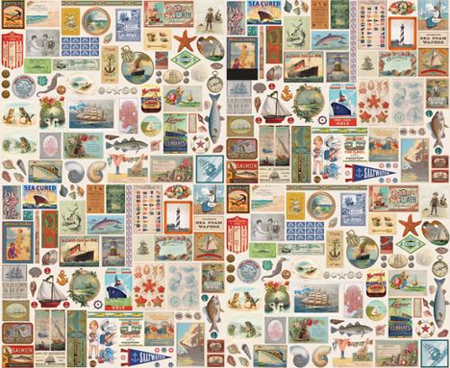 Panel: Moda Saltwater Patchwork Ephemera 18" Panel