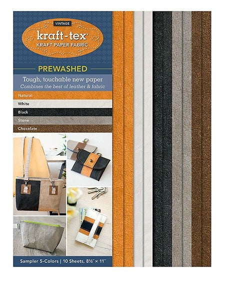Kraft-Tex Vintage Kraft Paper Fabric Sampler with 5 Pre-Washed Colors, 10 Sheets, 8.5" x 11”, Natural, White, Black, Stone & Chocolate