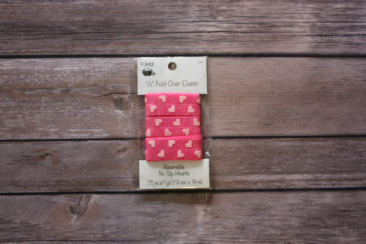 3/4" Stylish Fold-Over Elastic, 1 Yard, Reversible No-Slip Pink Hearts - Black Rabbit Fabric