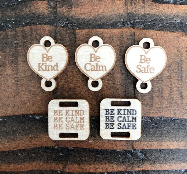 Square & Heart Shapes "Be Kind, Be Calm, Be Safe Birch Wood Knitting/Crochet Tags