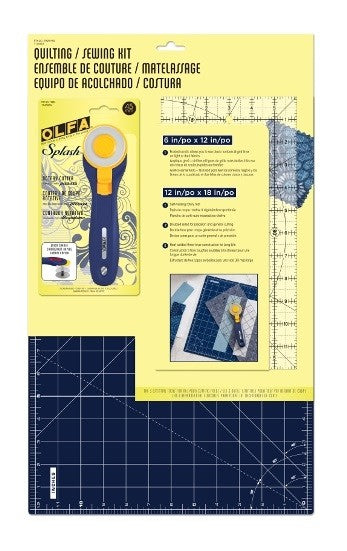 OLFA Quilting/Sewing Starter Kit (Includes 45mm Navy Splash Cutter, 6x12 Ruler & 12x18 Navy Self-Healing Rotary Mat)